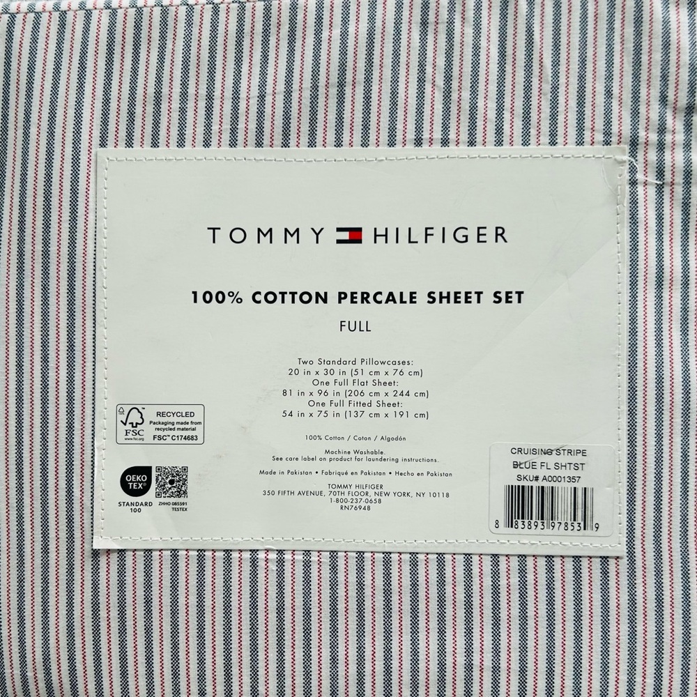 Tommy Hilfiger 100% Cotton Percale Sheet Set - Full, Red and Blue Stripes